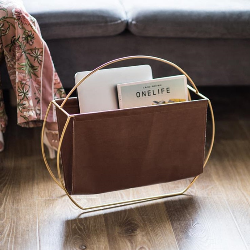 LEATHER AND METAL MAGAZINE SHELF