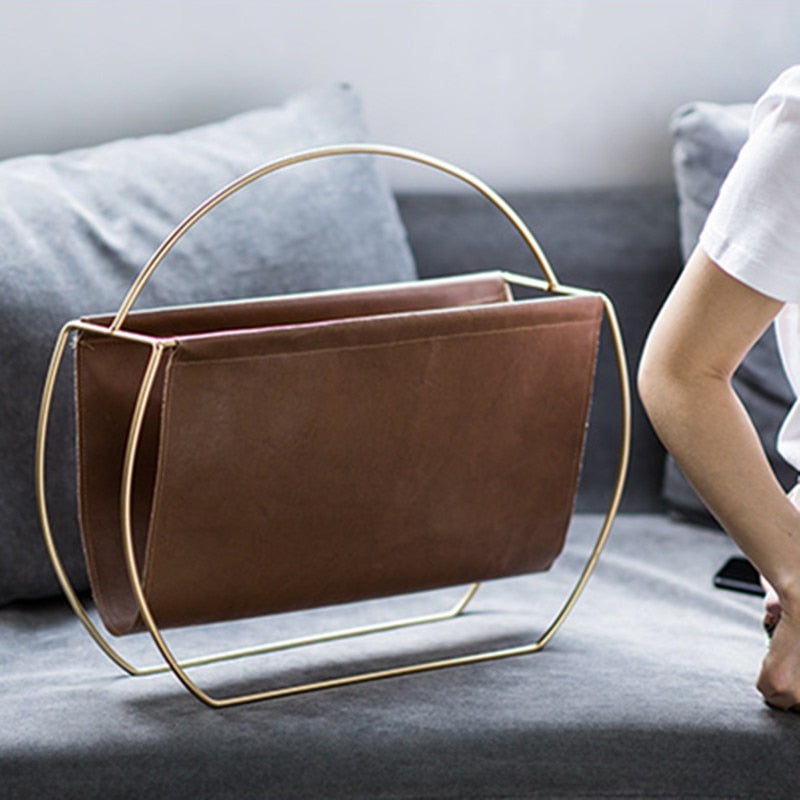 LEATHER AND METAL MAGAZINE SHELF